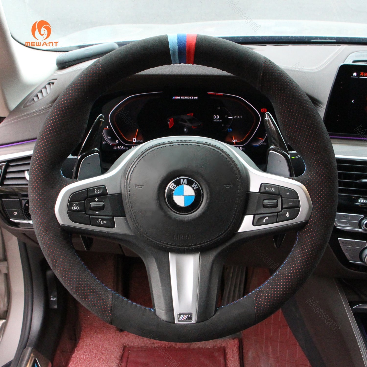 MEWANT Black Alcantara Car Steering Wheel Cover for BMW G20 F44 G22 G26 G30 G32 G11 G14 G15 G16 G01 G02 G05 G06 G07 G29 - Alcantara, Leather, Carbon Fiber, Easy Install, Non - Slip, Best Steering Wheel Cover