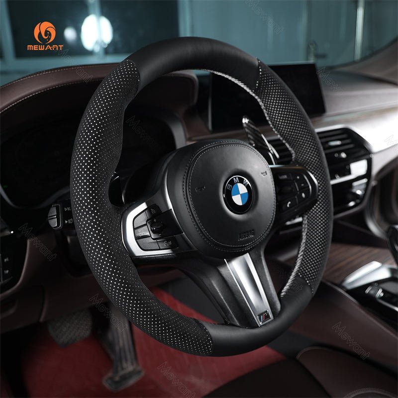 MEWANT Black Alcantara Car Steering Wheel Cover for BMW G20 F44 G22 G26 G30 G32 G11 G14 G15 G16 G01 G02 G05 G06 G07 G29 - Alcantara, Leather, Carbon Fiber, Easy Install, Non - Slip, Best Steering Wheel Cover