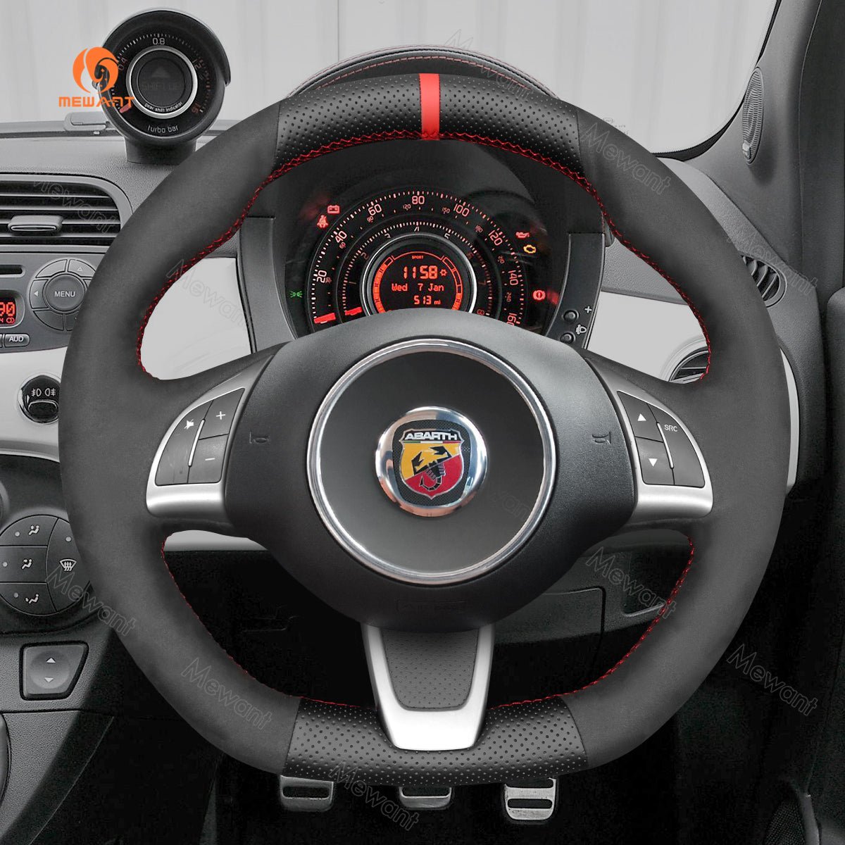 MEWANT Black Leather Car Steering Wheel Cover for Fiat Abarth 500 500C 595 595C - Alcantara, Leather, Carbon Fiber, Easy Install, Non - Slip, Best Steering Wheel Cover