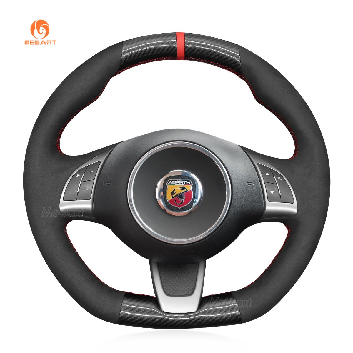 MEWANT Black Leather Car Steering Wheel Cover for Fiat Abarth 500 500C 595 595C - Alcantara, Leather, Carbon Fiber, Easy Install, Non - Slip, Best Steering Wheel Cover