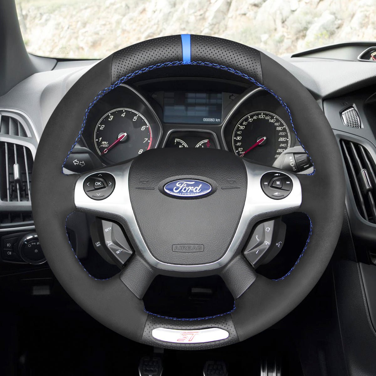 MEWANT Black Leather Car Steering Wheel Cover for Ford Focus ST 2012 - 2014 - Mewant Cover