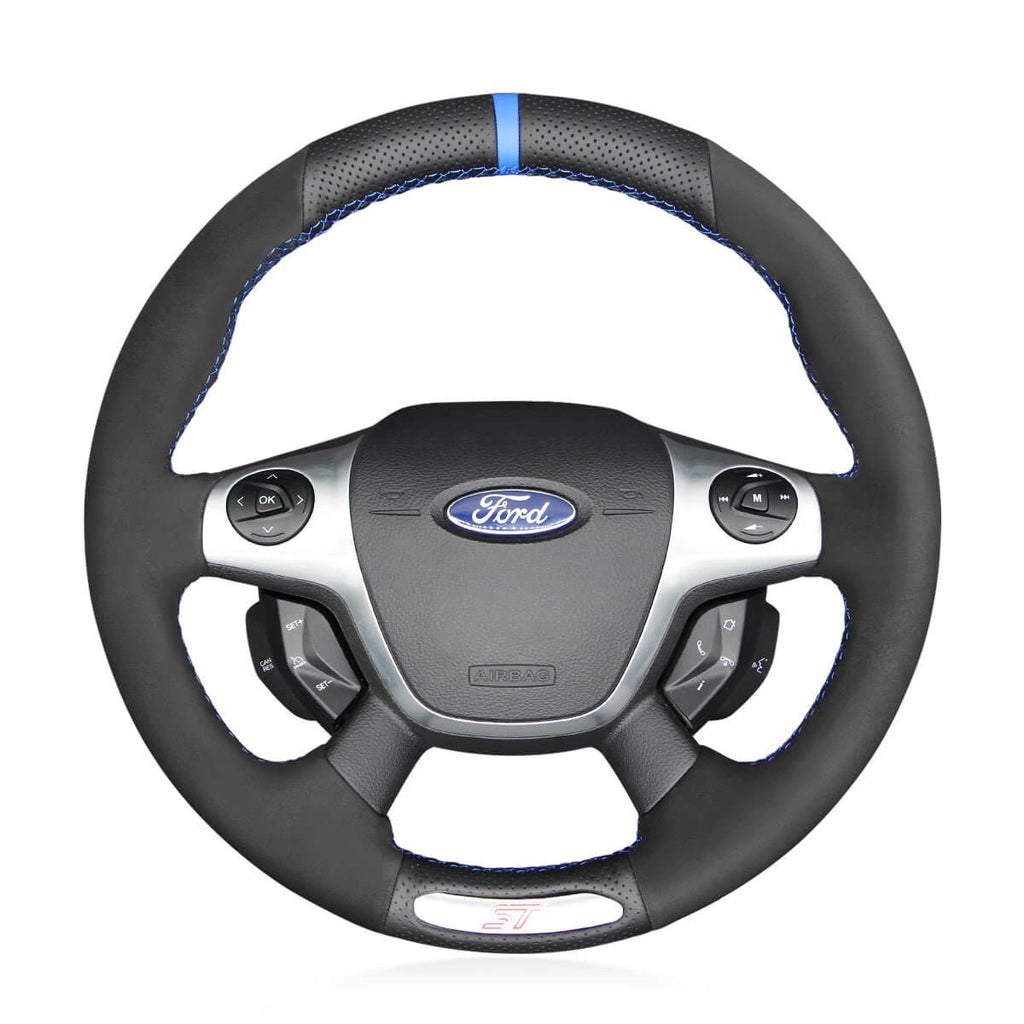 MEWANT Black Leather Car Steering Wheel Cover for Ford Focus ST 2012 - 2014 - Alcantara, Leather, Carbon Fiber, Easy Install, Non - Slip, Best Steering Wheel Cover