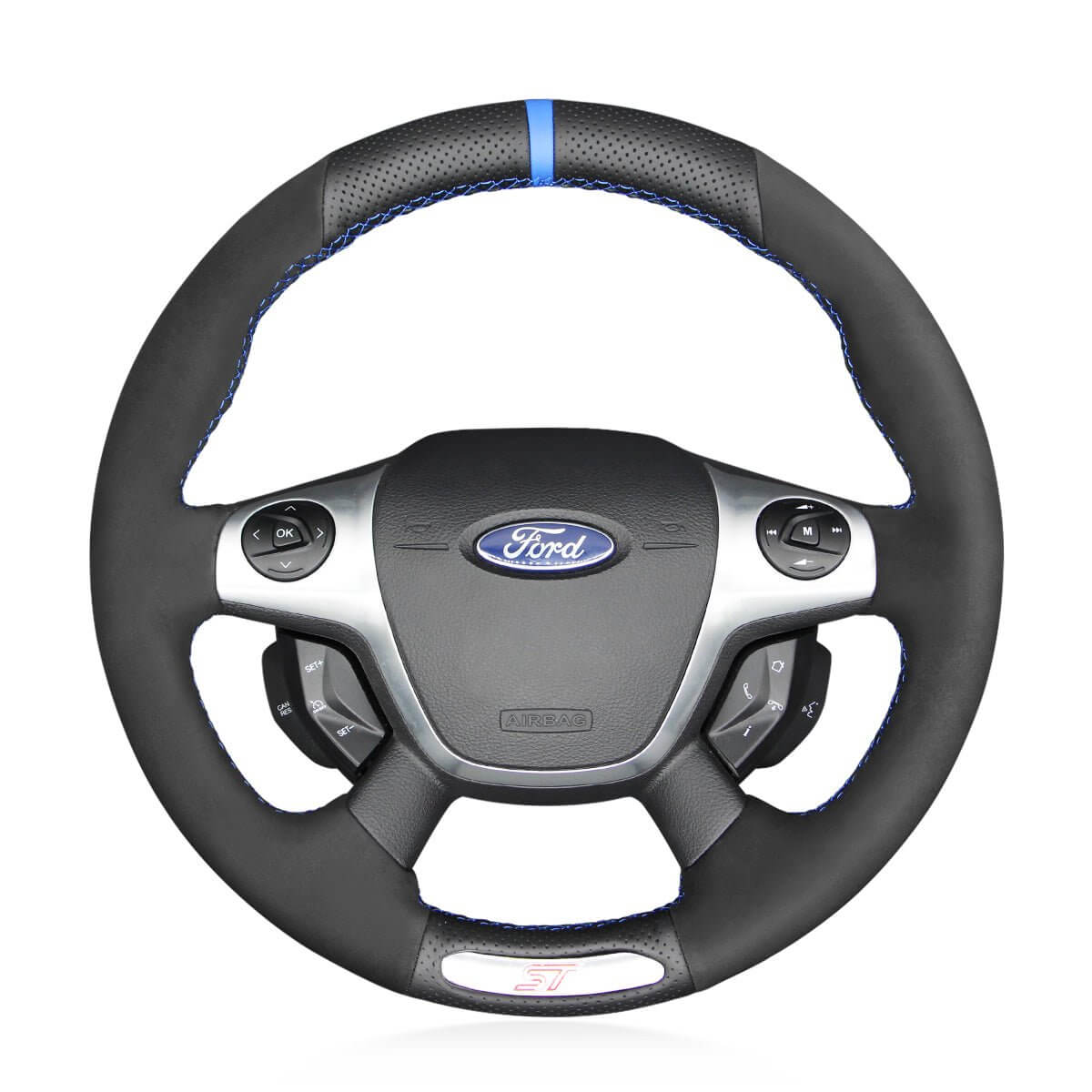 MEWANT Black Leather Car Steering Wheel Cover for Ford Focus ST 2012 - 2014 - Alcantara, Leather, Carbon Fiber, Easy Install, Non - Slip, Best Steering Wheel Cover