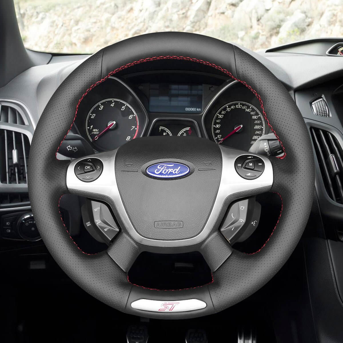 MEWANT Black Leather Car Steering Wheel Cover for Ford Focus ST 2012 - 2014 - Alcantara, Leather, Carbon Fiber, Easy Install, Non - Slip, Best Steering Wheel Cover