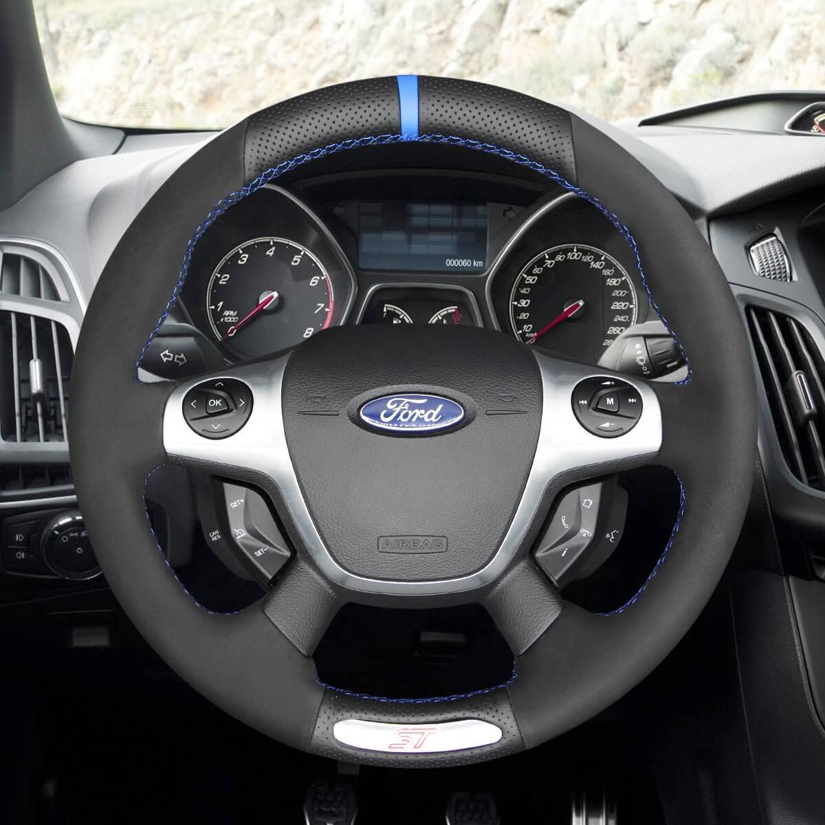 MEWANT Black Leather Car Steering Wheel Cover for Ford Focus ST 2012 - 2014 - Alcantara, Leather, Carbon Fiber, Easy Install, Non - Slip, Best Steering Wheel Cover