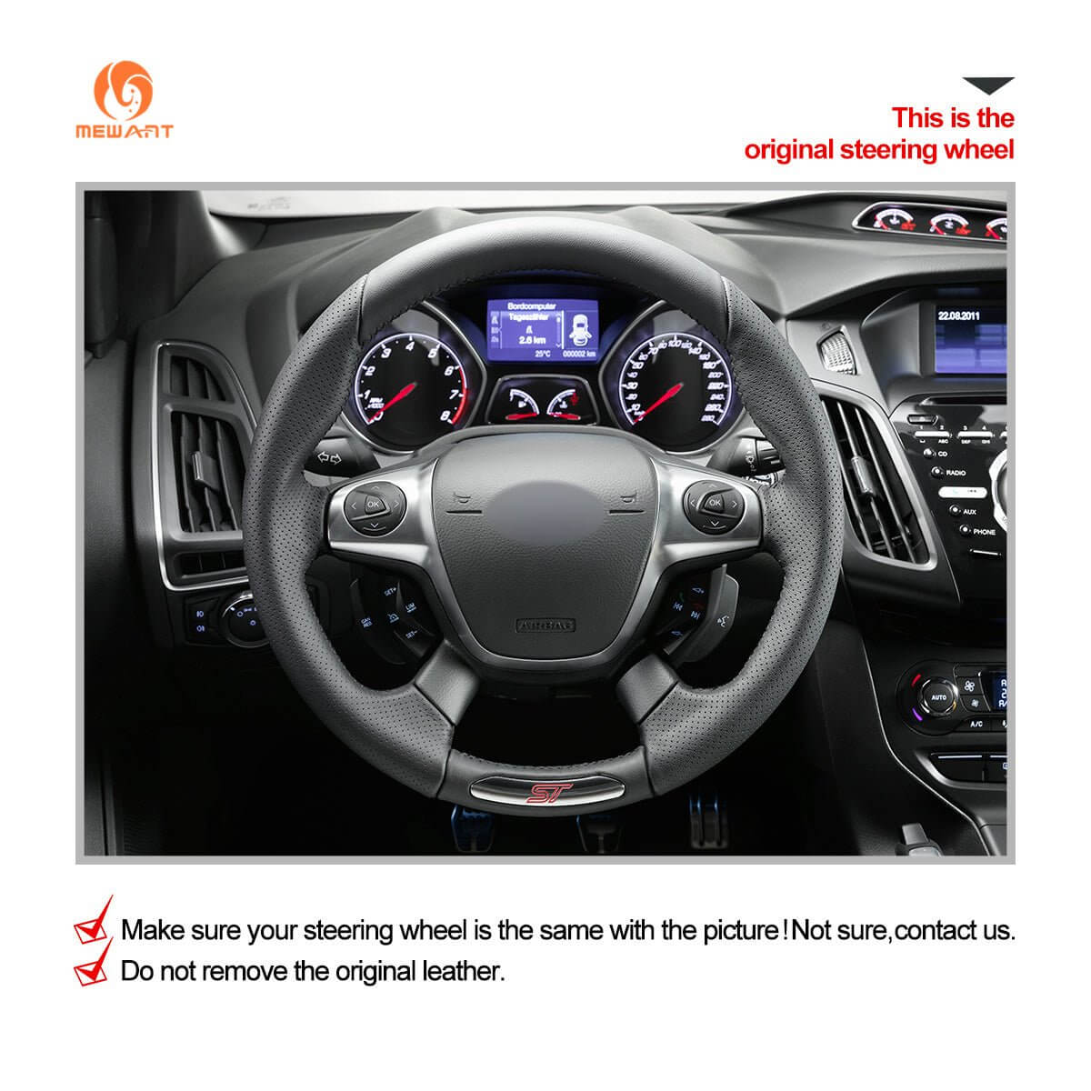 MEWANT Black Leather Car Steering Wheel Cover for Ford Focus ST 2012 - 2014 - Alcantara, Leather, Carbon Fiber, Easy Install, Non - Slip, Best Steering Wheel Cover