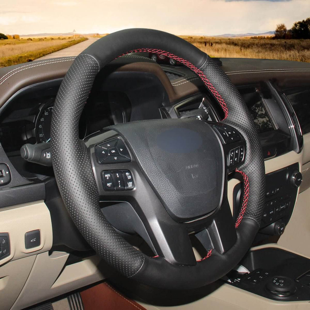 MEWANT Black Leather Car Steering Wheel Cover for Ford Ranger / Everest - Alcantara, Leather, Carbon Fiber, Easy Install, Non - Slip, Best Steering Wheel Cover