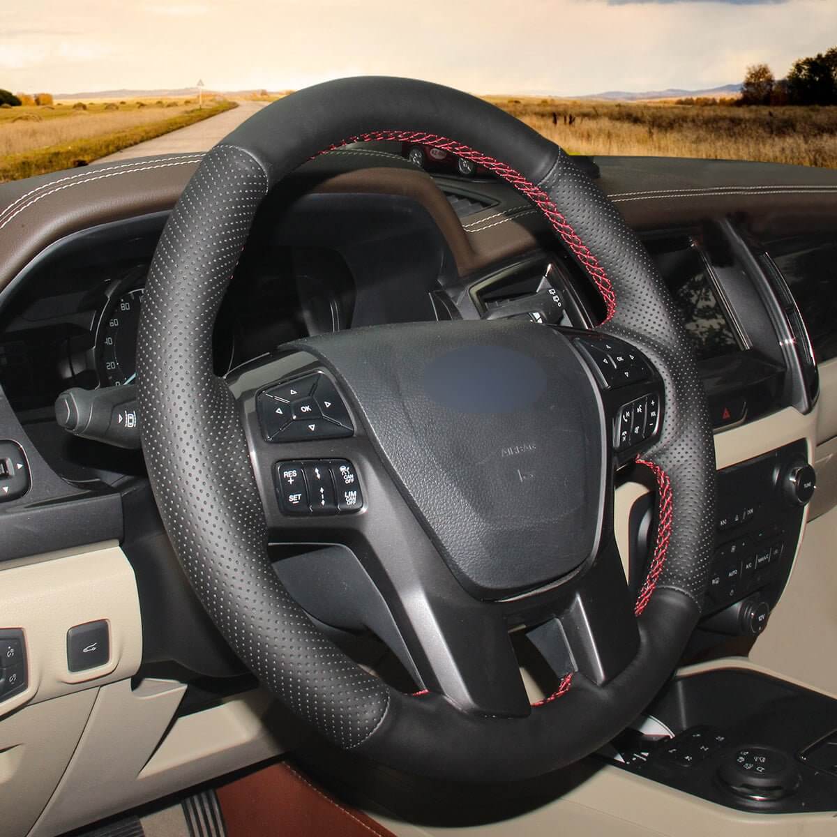 MEWANT Black Leather Car Steering Wheel Cover for Ford Ranger / Everest - Alcantara, Leather, Carbon Fiber, Easy Install, Non - Slip, Best Steering Wheel Cover