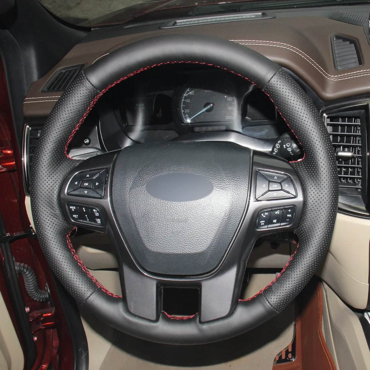 MEWANT Black Leather Car Steering Wheel Cover for Ford Ranger / Everest - Alcantara, Leather, Carbon Fiber, Easy Install, Non - Slip, Best Steering Wheel Cover
