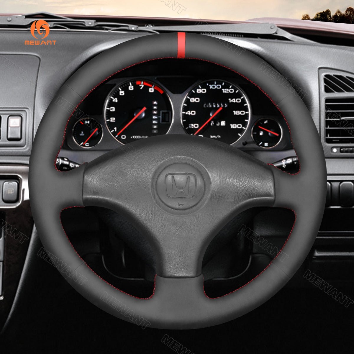 MEWANT Black Leather Car Steering Wheel Cover for Honda Civic 6 / Civic EK CTR EK3 EK4 / Civic Type R Sir EK9 1996¡§C2000 - Alcantara, Leather, Carbon Fiber, Easy Install, Non - Slip, Best Steering Wheel Cover