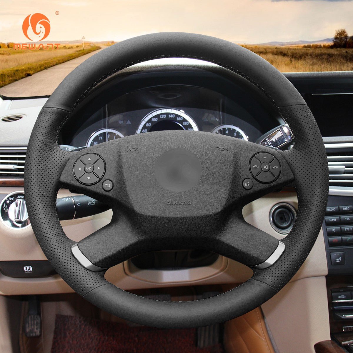 MEWANT Black Leather Car Steering Wheel Cover for Mercedes Benz E - Class W212 - Alcantara, Leather, Carbon Fiber, Easy Install, Non - Slip, Best Steering Wheel Cover