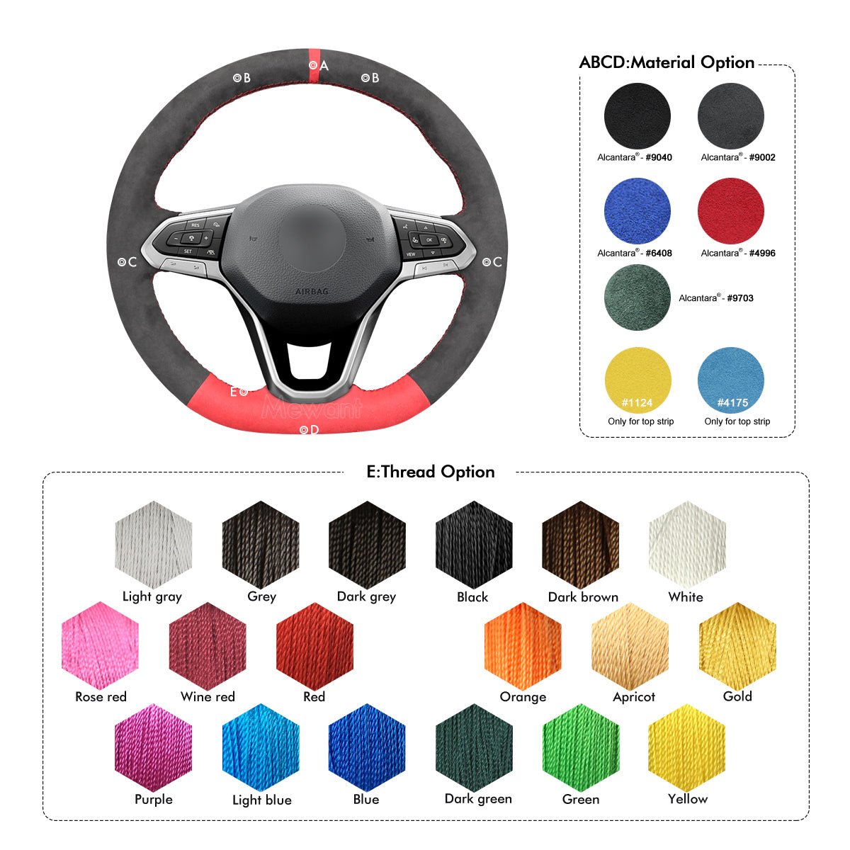 MEWANT Black Leather Car Steering Wheel Cover for Volkswagen VW Arteon 2021 / Atlas 2020 - 2021 / ID.4 2021 / Taos 2022 / Atlas Cross Sport 2020 - 2021 - Alcantara, Leather, Carbon Fiber, Easy Install, Non - Slip, Best Steering Wheel Cover
