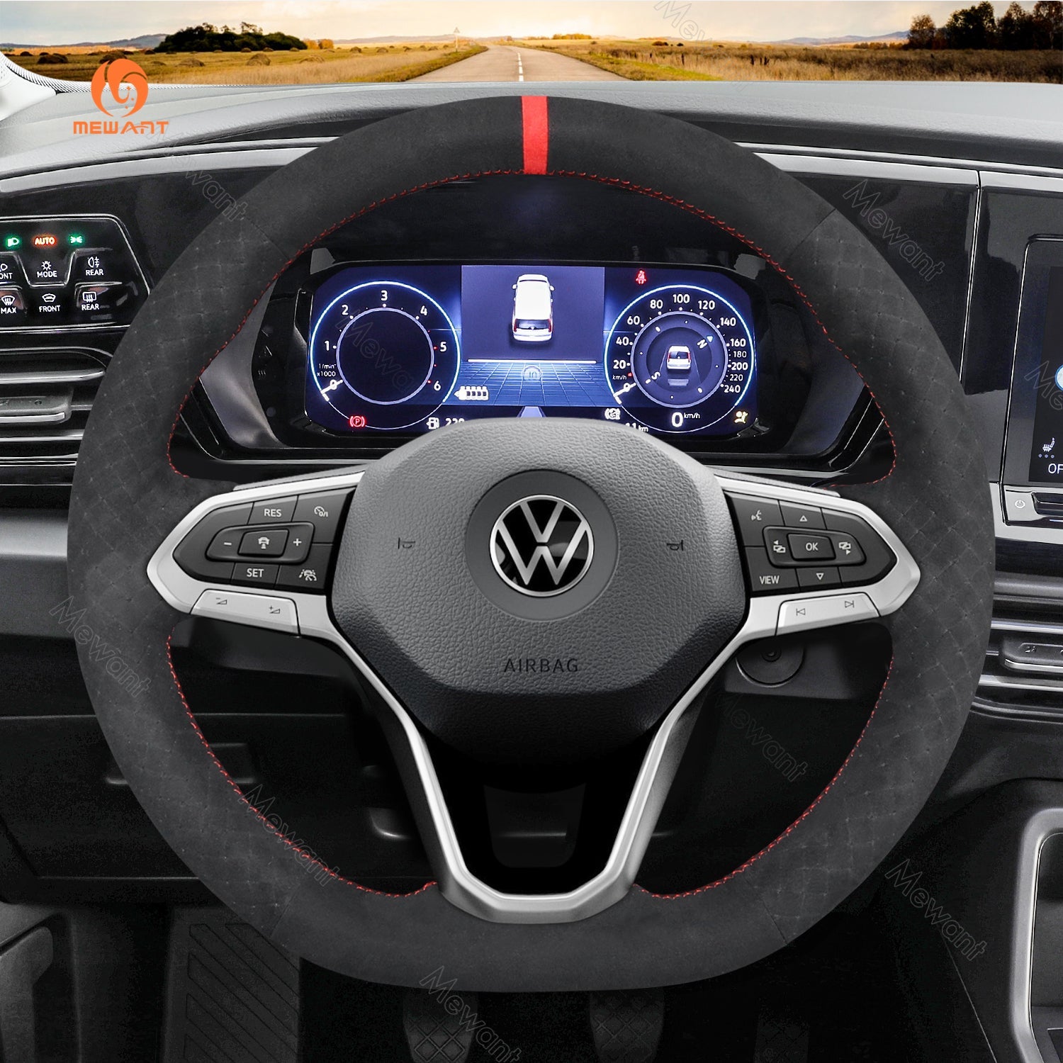 MEWANT Black Leather Car Steering Wheel Cover for Volkswagen VW Arteon 2021 / Atlas 2020 - 2021 / ID.4 2021 / Taos 2022 / Atlas Cross Sport 2020 - 2021 - Alcantara, Leather, Carbon Fiber, Easy Install, Non - Slip, Best Steering Wheel Cover