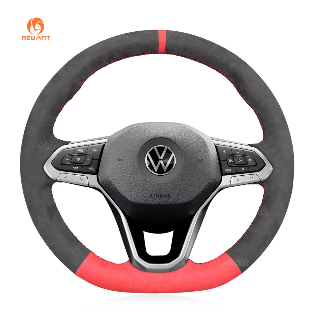 MEWANT Black Leather Car Steering Wheel Cover for Volkswagen VW Arteon 2021 / Atlas 2020 - 2021 / ID.4 2021 / Taos 2022 / Atlas Cross Sport 2020 - 2021 - Alcantara, Leather, Carbon Fiber, Easy Install, Non - Slip, Best Steering Wheel Cover