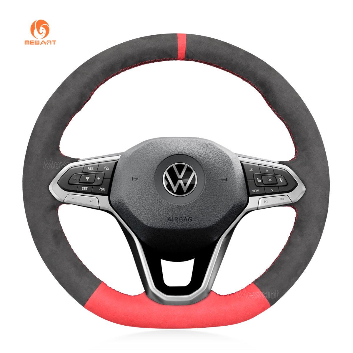 MEWANT Black Leather Car Steering Wheel Cover for Volkswagen VW Arteon 2021 / Atlas 2020 - 2021 / ID.4 2021 / Taos 2022 / Atlas Cross Sport 2020 - 2021 - Alcantara, Leather, Carbon Fiber, Easy Install, Non - Slip, Best Steering Wheel Cover