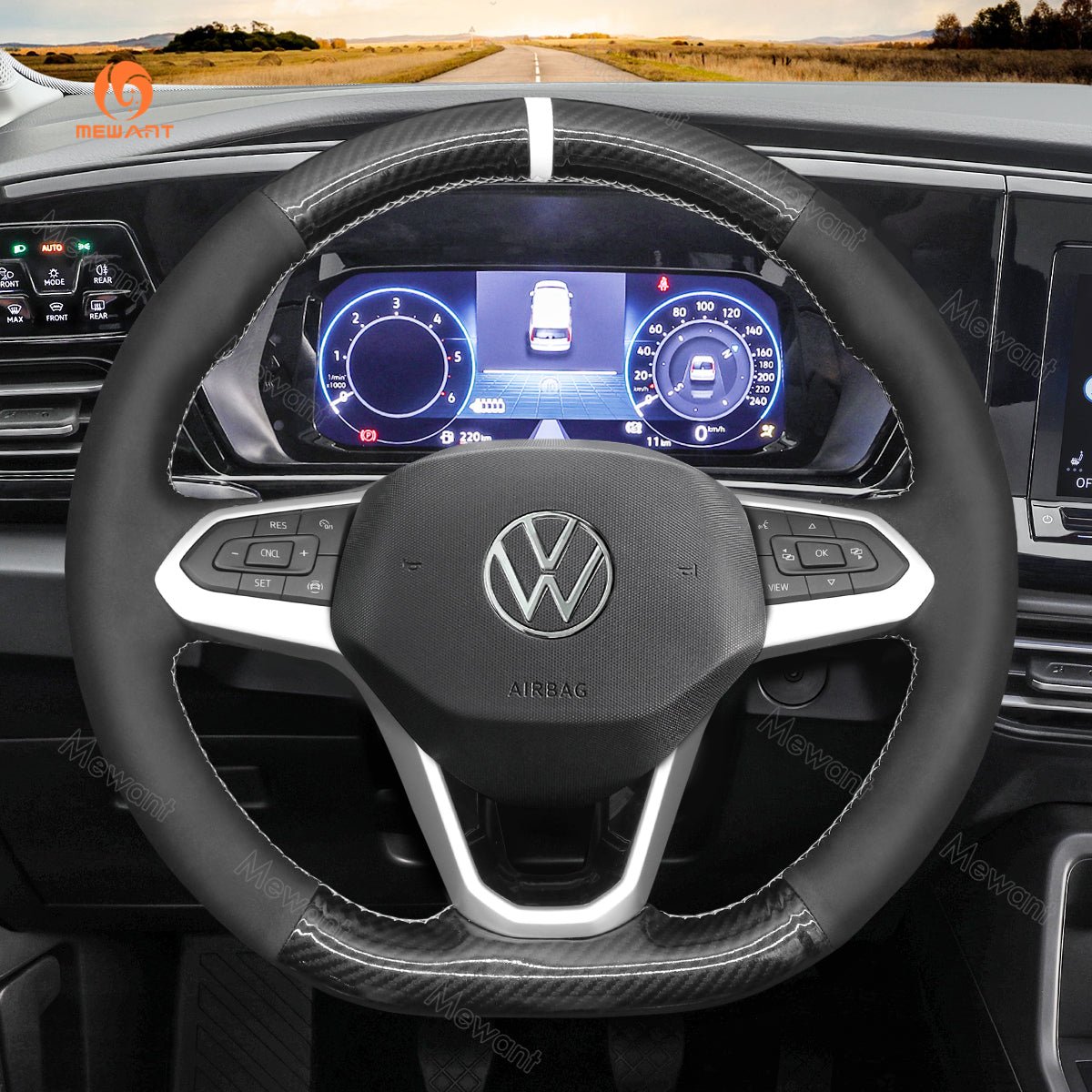 MEWANT Black Leather Car Steering Wheel Cover for Volkswagen VW Arteon 2021 / Atlas 2020 - 2021 / ID.4 2021 / Taos 2022 / Atlas Cross Sport 2020 - 2021 - Alcantara, Leather, Carbon Fiber, Easy Install, Non - Slip, Best Steering Wheel Cover