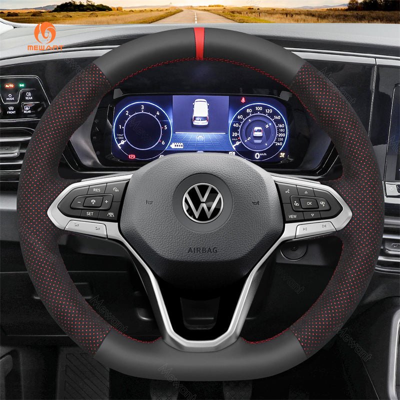 MEWANT Black Leather Car Steering Wheel Cover for Volkswagen VW Arteon 2021 / Atlas 2020 - 2021 / ID.4 2021 / Taos 2022 / Atlas Cross Sport 2020 - 2021 - Alcantara, Leather, Carbon Fiber, Easy Install, Non - Slip, Best Steering Wheel Cover