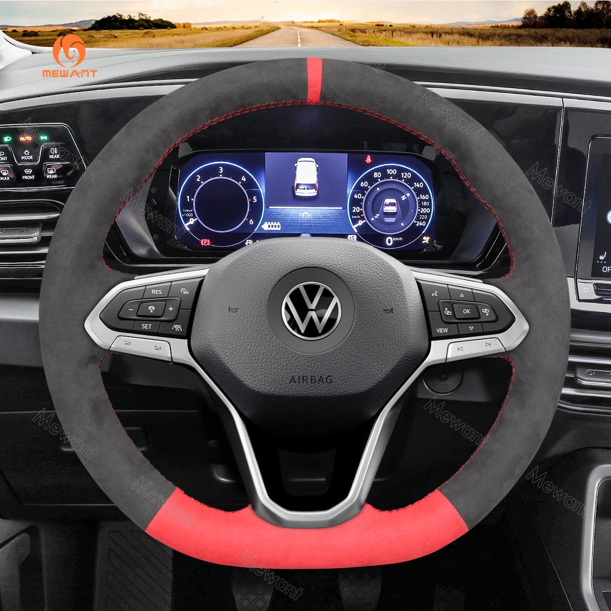 MEWANT Black Leather Car Steering Wheel Cover for Volkswagen VW Arteon 2021 / Atlas 2020 - 2021 / ID.4 2021 / Taos 2022 / Atlas Cross Sport 2020 - 2021 - Alcantara, Leather, Carbon Fiber, Easy Install, Non - Slip, Best Steering Wheel Cover