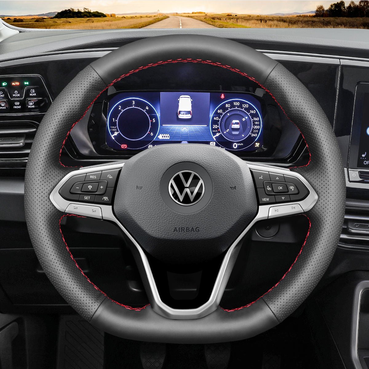 MEWANT Black Leather Car Steering Wheel Cover for Volkswagen VW Arteon 2021 / Atlas 2020 - 2021 / ID.4 2021 / Taos 2022 / Atlas Cross Sport 2020 - 2021 - Alcantara, Leather, Carbon Fiber, Easy Install, Non - Slip, Best Steering Wheel Cover
