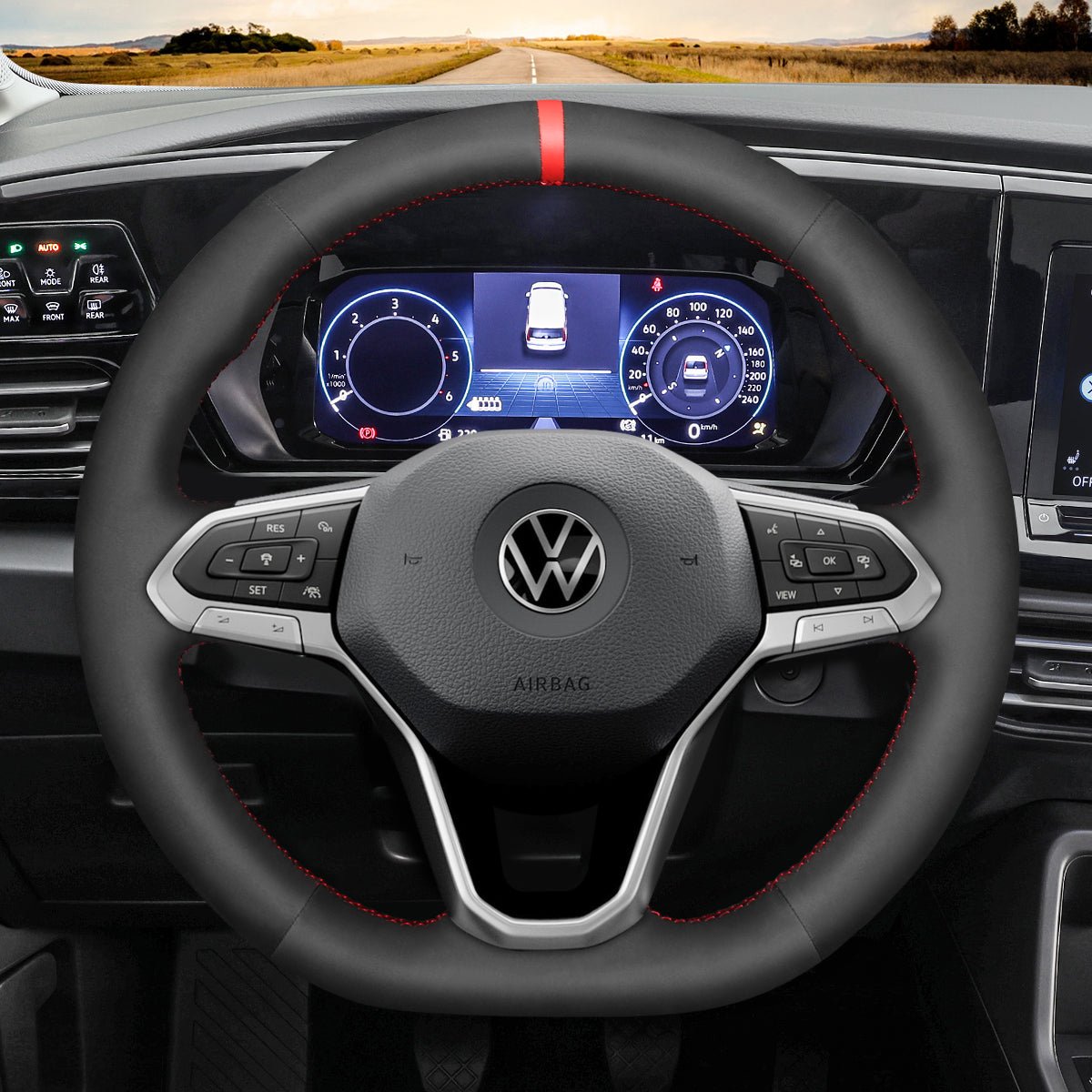 MEWANT Black Leather Car Steering Wheel Cover for Volkswagen VW Arteon 2021 / Atlas 2020 - 2021 / ID.4 2021 / Taos 2022 / Atlas Cross Sport 2020 - 2021 - Alcantara, Leather, Carbon Fiber, Easy Install, Non - Slip, Best Steering Wheel Cover