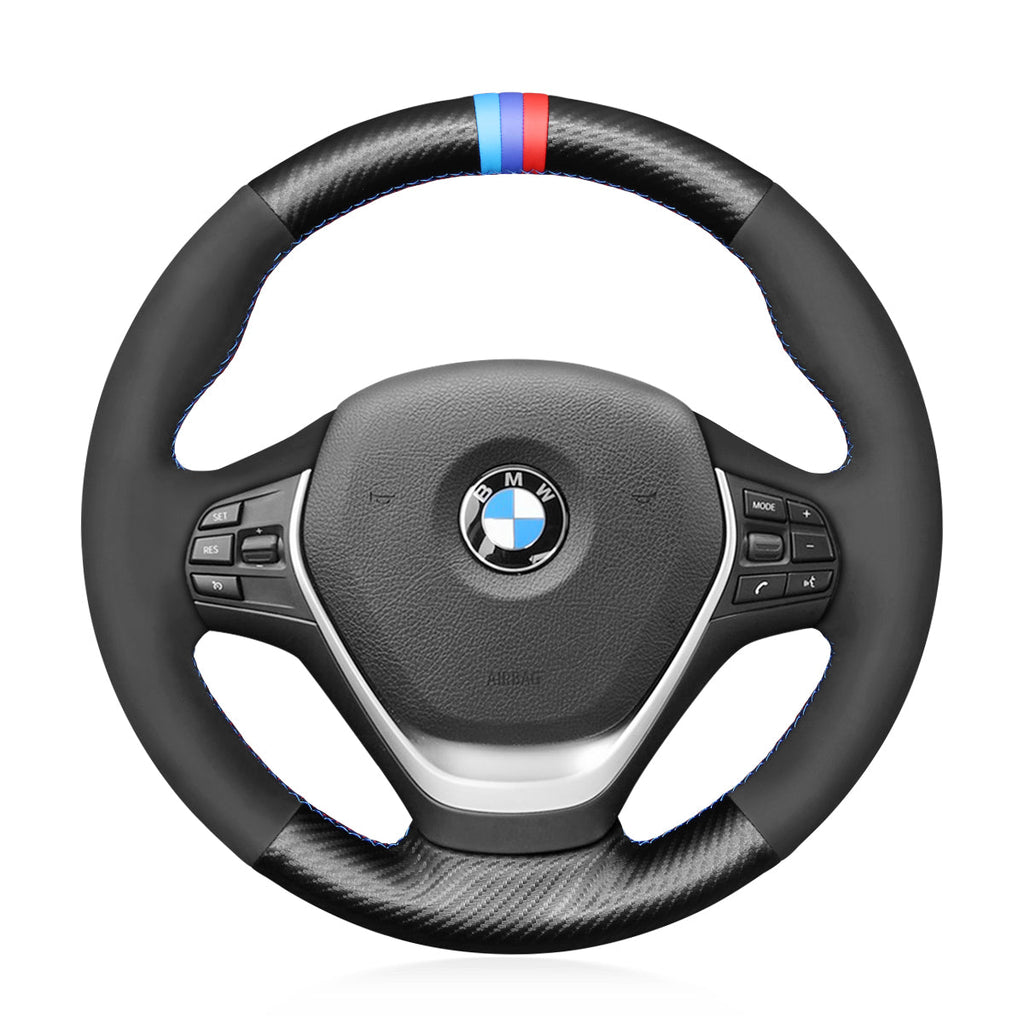 MEWANT Black Leather Suede Cabron Fiber Car Steering Wheel Cover for BMW F30 F31 F34 F20 F21 F22 F23 F32 F33 F34 F36 - Alcantara, Leather, Carbon Fiber, Easy Install, Non - Slip, Best Steering Wheel Cover