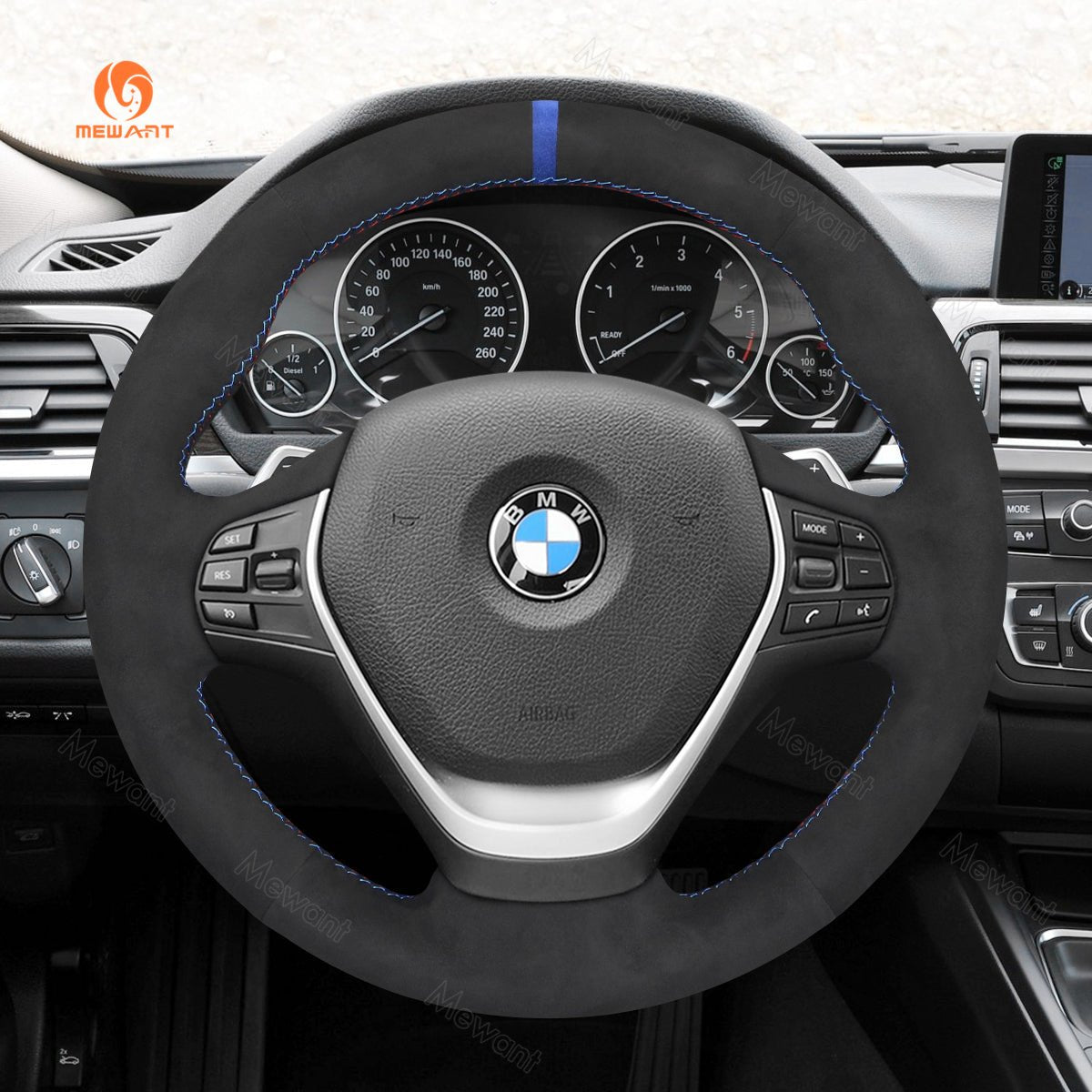 MEWANT Black Leather Suede Cabron Fiber Car Steering Wheel Cover for BMW F30 F31 F34 F20 F21 F22 F23 F32 F33 F34 F36 - Alcantara, Leather, Carbon Fiber, Easy Install, Non - Slip, Best Steering Wheel Cover