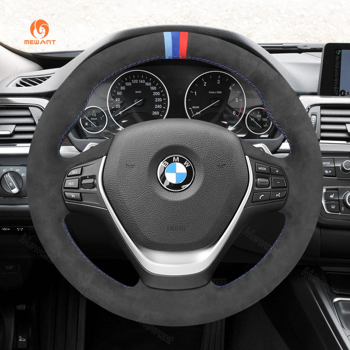 MEWANT Black Leather Suede Cabron Fiber Car Steering Wheel Cover for BMW F30 F31 F34 F20 F21 F22 F23 F32 F33 F34 F36 - Alcantara, Leather, Carbon Fiber, Easy Install, Non - Slip, Best Steering Wheel Cover