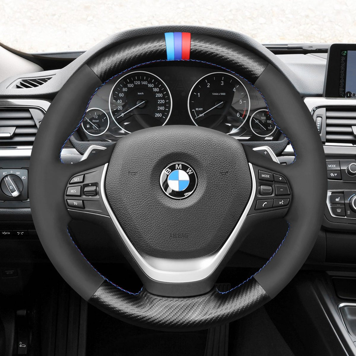 MEWANT Black Leather Suede Cabron Fiber Car Steering Wheel Cover for BMW F30 F31 F34 F20 F21 F22 F23 F32 F33 F34 F36 - Alcantara, Leather, Carbon Fiber, Easy Install, Non - Slip, Best Steering Wheel Cover
