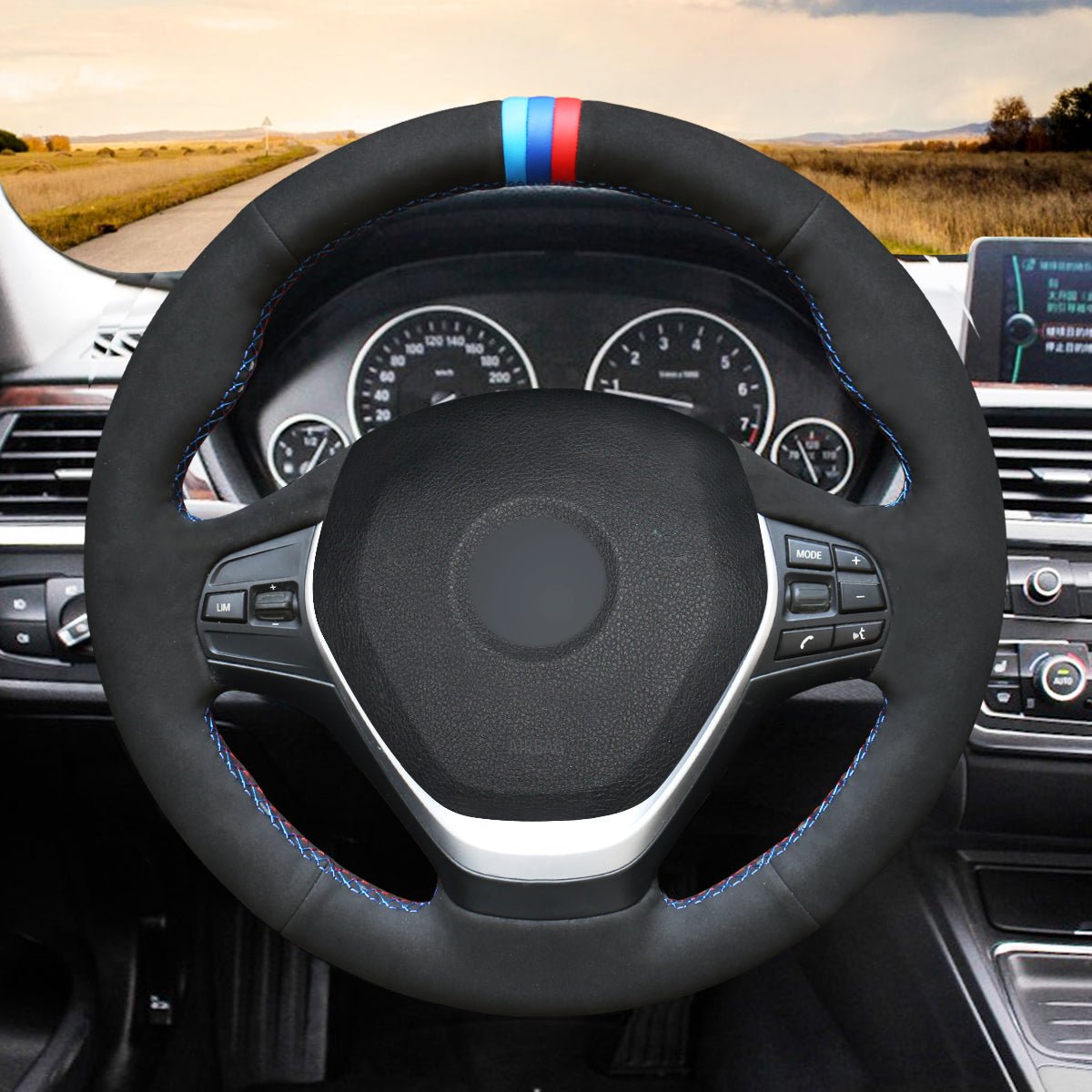 MEWANT Black Leather Suede Cabron Fiber Car Steering Wheel Cover for BMW F30 F31 F34 F20 F21 F22 F23 F32 F33 F34 F36 - Alcantara, Leather, Carbon Fiber, Easy Install, Non - Slip, Best Steering Wheel Cover