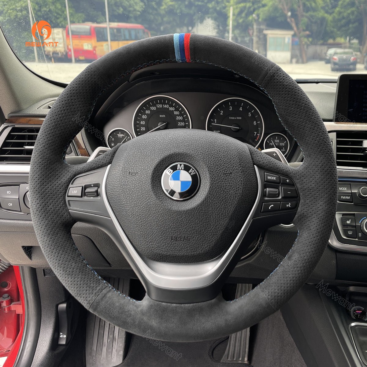 MEWANT Black Leather Suede Cabron Fiber Car Steering Wheel Cover for BMW F30 F31 F34 F20 F21 F22 F23 F32 F33 F34 F36 - Alcantara, Leather, Carbon Fiber, Easy Install, Non - Slip, Best Steering Wheel Cover