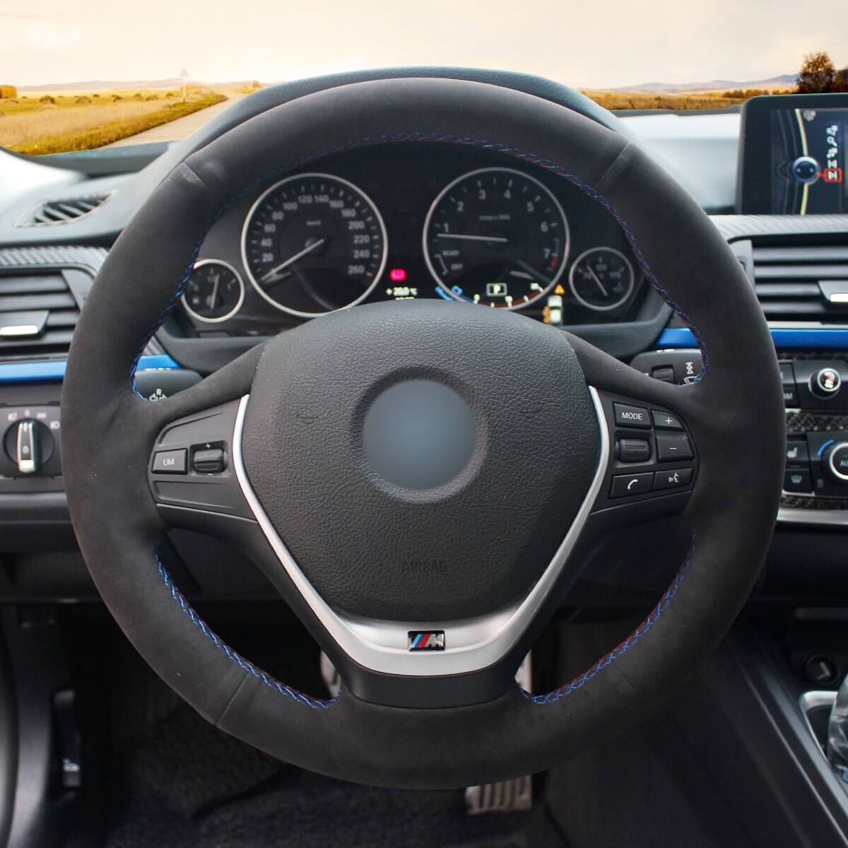 MEWANT Black Leather Suede Cabron Fiber Car Steering Wheel Cover for BMW F30 F31 F34 F20 F21 F22 F23 F32 F33 F34 F36 - Alcantara, Leather, Carbon Fiber, Easy Install, Non - Slip, Best Steering Wheel Cover