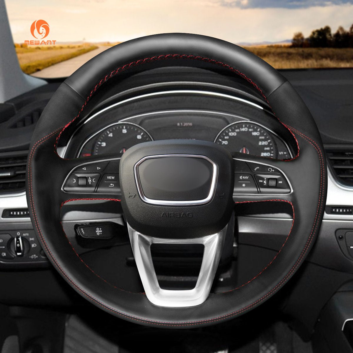 MEWANT Black Leather Suede Car Steering Wheel Cover for A4 (B9) Avant Allroad Q3 Q5 SQ5 Q7 SQ7 Q8 SQ8 - Alcantara, Leather, Carbon Fiber, Easy Install, Non - Slip, Best Steering Wheel Cover
