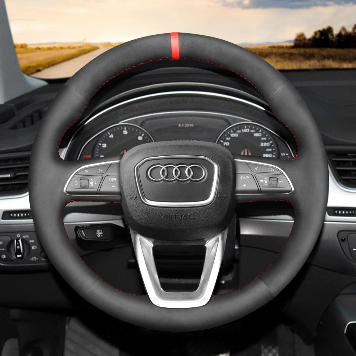 MEWANT Black Leather Suede Car Steering Wheel Cover for A4 (B9) Avant Allroad Q3 Q5 SQ5 Q7 SQ7 Q8 SQ8 - Alcantara, Leather, Carbon Fiber, Easy Install, Non - Slip, Best Steering Wheel Cover
