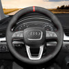 MEWANT Black Leather Suede Car Steering Wheel Cover for A4 (B9) Avant Allroad Q3 Q5 SQ5 Q7 SQ7 Q8 SQ8 - Alcantara, Leather, Carbon Fiber, Easy Install, Non - Slip, Best Steering Wheel Cover
