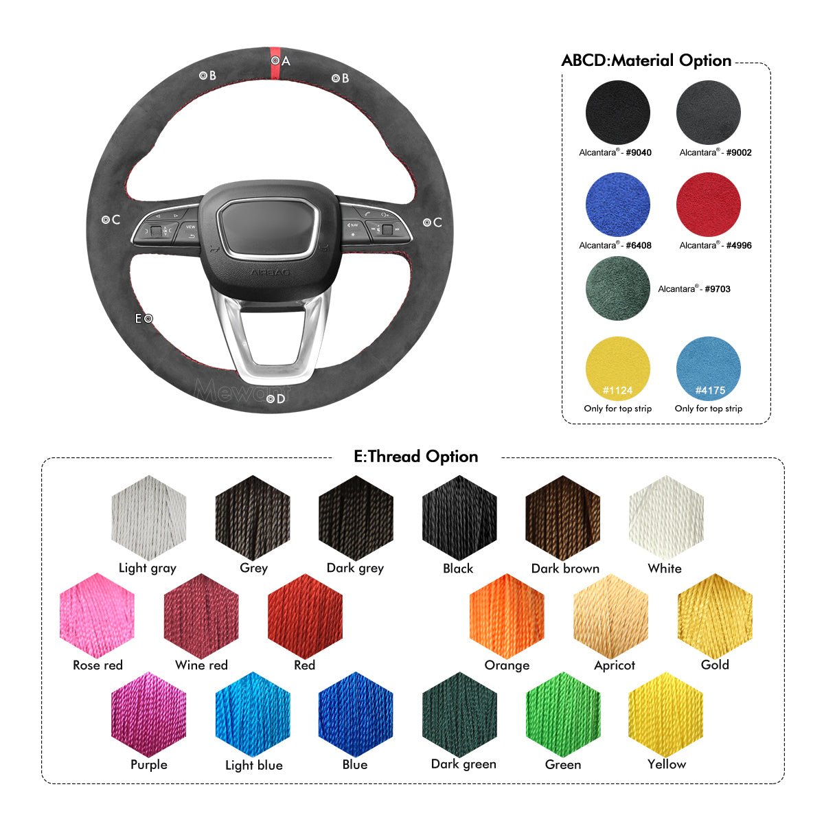 MEWANT Black Leather Suede Car Steering Wheel Cover for A4 (B9) Avant Allroad Q3 Q5 SQ5 Q7 SQ7 Q8 SQ8 - Alcantara, Leather, Carbon Fiber, Easy Install, Non - Slip, Best Steering Wheel Cover