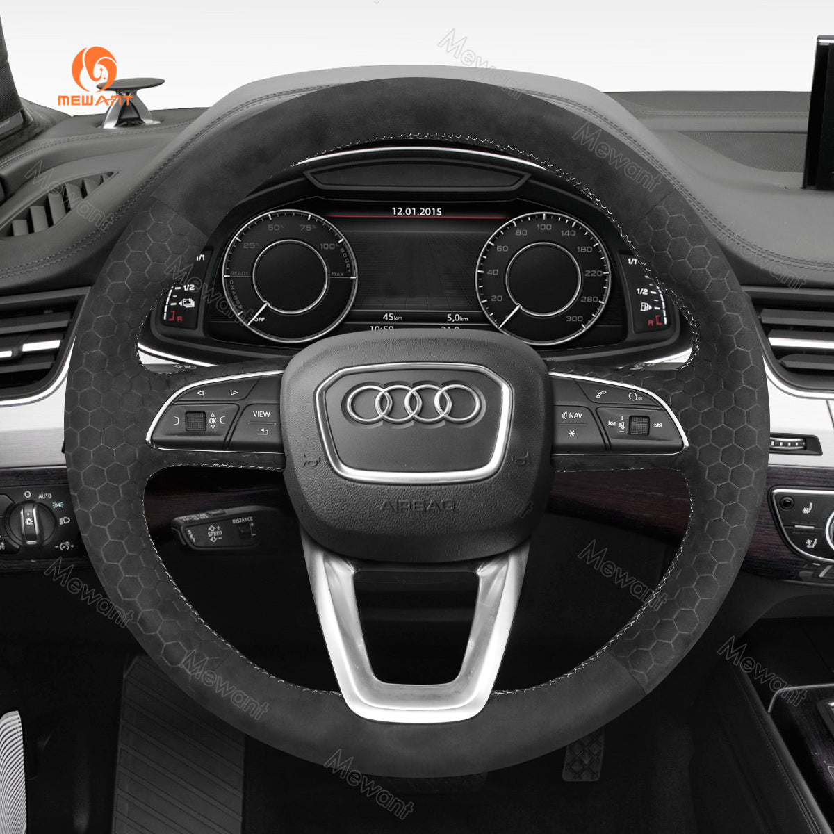 MEWANT Black Leather Suede Car Steering Wheel Cover for A4 (B9) Avant Allroad Q3 Q5 SQ5 Q7 SQ7 Q8 SQ8 - Alcantara, Leather, Carbon Fiber, Easy Install, Non - Slip, Best Steering Wheel Cover