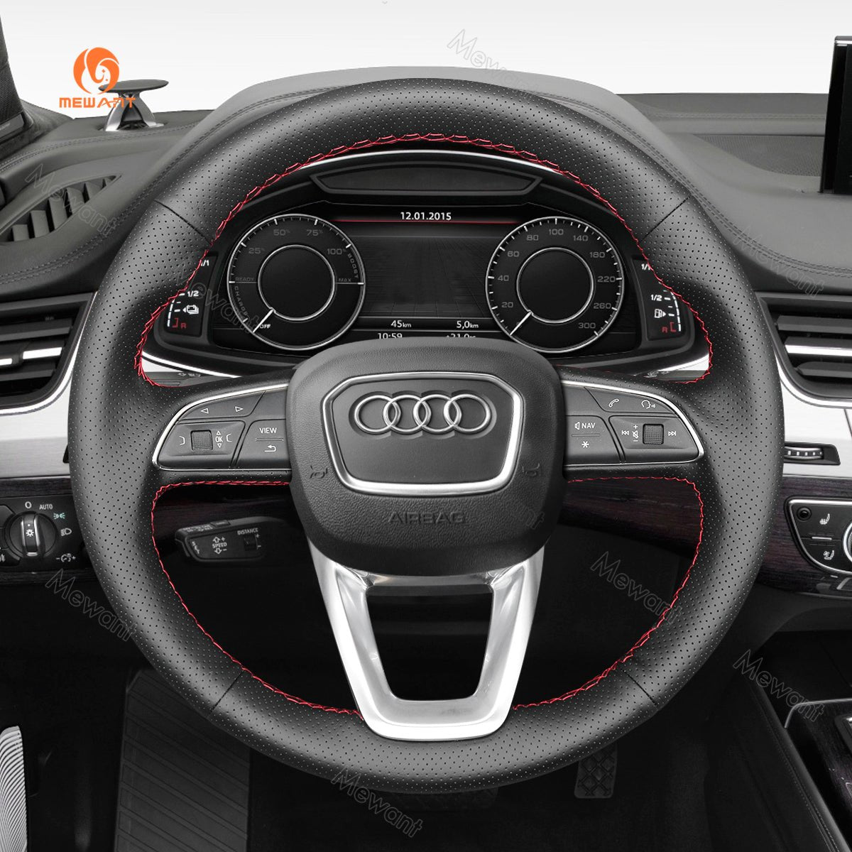 MEWANT Black Leather Suede Car Steering Wheel Cover for A4 (B9) Avant Allroad Q3 Q5 SQ5 Q7 SQ7 Q8 SQ8 - Alcantara, Leather, Carbon Fiber, Easy Install, Non - Slip, Best Steering Wheel Cover