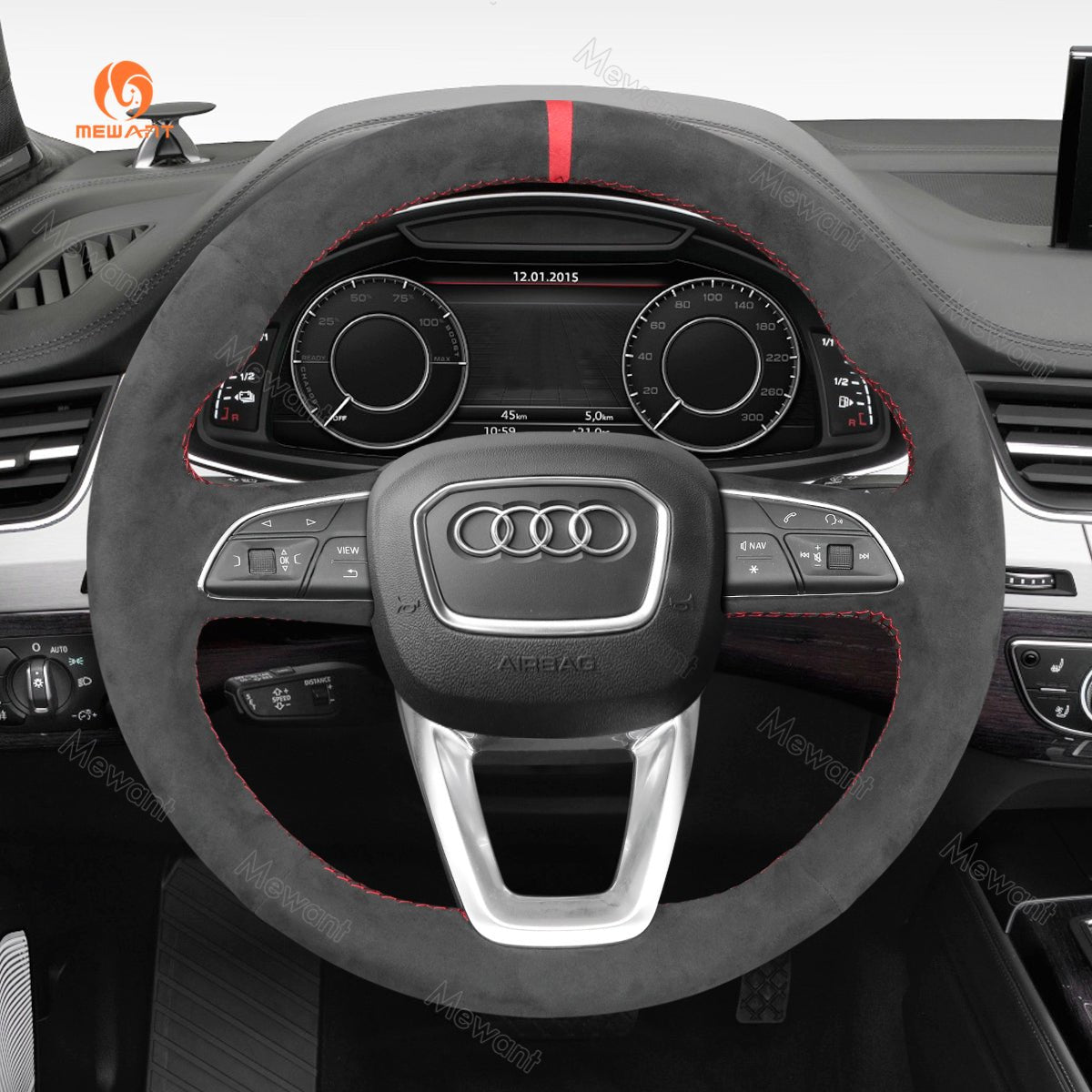 MEWANT Black Leather Suede Car Steering Wheel Cover for A4 (B9) Avant Allroad Q3 Q5 SQ5 Q7 SQ7 Q8 SQ8 - Alcantara, Leather, Carbon Fiber, Easy Install, Non - Slip, Best Steering Wheel Cover