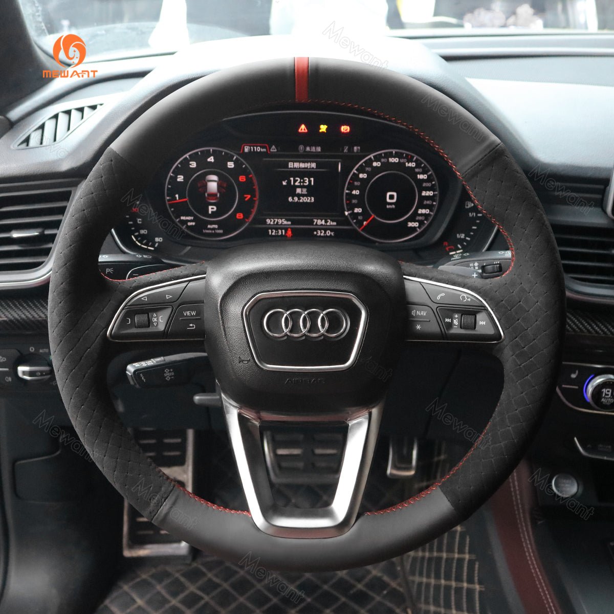 MEWANT Black Leather Suede Car Steering Wheel Cover for A4 (B9) Avant Allroad Q3 Q5 SQ5 Q7 SQ7 Q8 SQ8 - Alcantara, Leather, Carbon Fiber, Easy Install, Non - Slip, Best Steering Wheel Cover