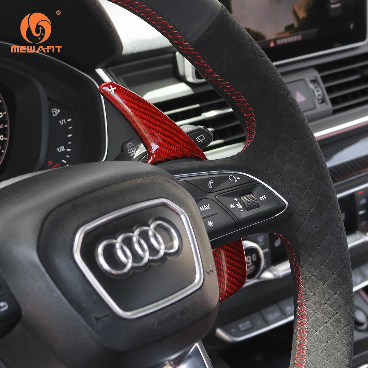 MEWANT Black Leather Suede Car Steering Wheel Cover for A4 (B9) Avant Allroad Q3 Q5 SQ5 Q7 SQ7 Q8 SQ8 - Alcantara, Leather, Carbon Fiber, Easy Install, Non - Slip, Best Steering Wheel Cover