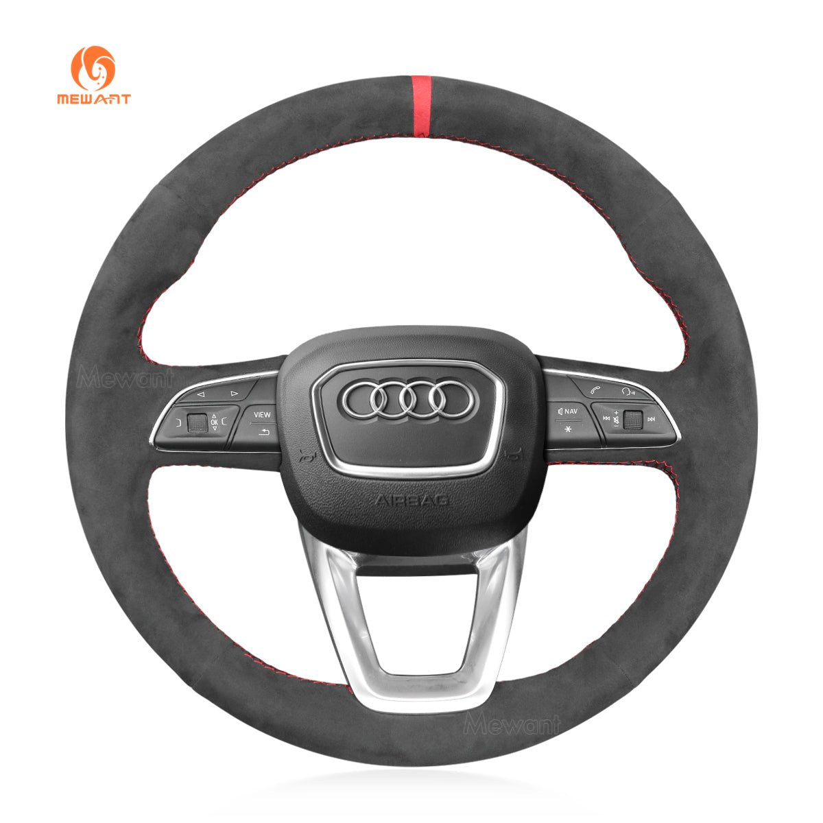 MEWANT Black Leather Suede Car Steering Wheel Cover for A4 (B9) Avant Allroad Q3 Q5 SQ5 Q7 SQ7 Q8 SQ8 - Alcantara, Leather, Carbon Fiber, Easy Install, Non - Slip, Best Steering Wheel Cover