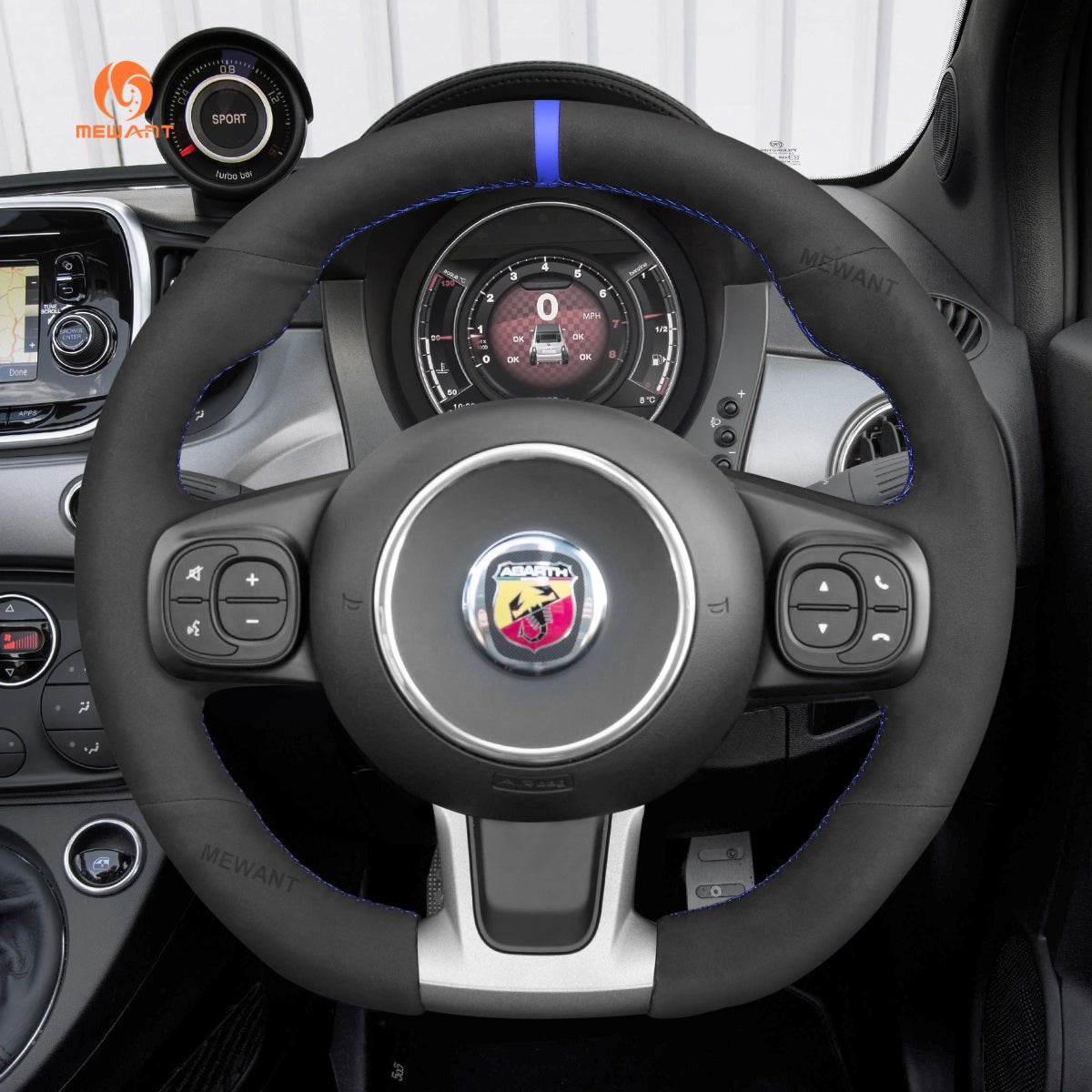 MEWANT Black Leather Suede Car Steering Wheel Cover for Abarth 595(C) 695(C) Fiat 500 Abarth 595 693 - Alcantara, Leather, Carbon Fiber, Easy Install, Non - Slip, Best Steering Wheel Cover