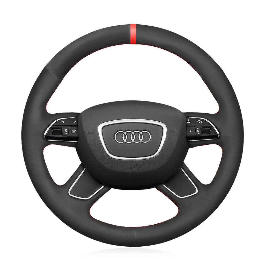 MEWANT Black Leather Suede Car Steering Wheel Cover for Audi A3 (8V) Sportback A4 (B8) Avant A6 (C7) A8 (D4) Q3 (8U) Q5 (8R) Q7 (4L) - Alcantara, Leather, Carbon Fiber, Easy Install, Non - Slip, Best Steering Wheel Cover