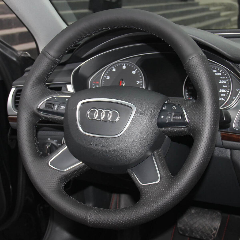 MEWANT Black Leather Suede Car Steering Wheel Cover for Audi A3 (8V) Sportback A4 (B8) Avant A6 (C7) A8 (D4) Q3 (8U) Q5 (8R) Q7 (4L) - Alcantara, Leather, Carbon Fiber, Easy Install, Non - Slip, Best Steering Wheel Cover
