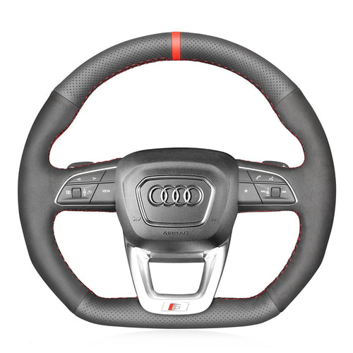 MEWANT Black Leather Suede Car Steering Wheel Cover for Audi Q3 2018 - 2019 Q5 SQ5 2017 - 2019 Q7 SQ7 2015 - 2019 Q8 SQ8 2018 - 2019 - Mewant Cover