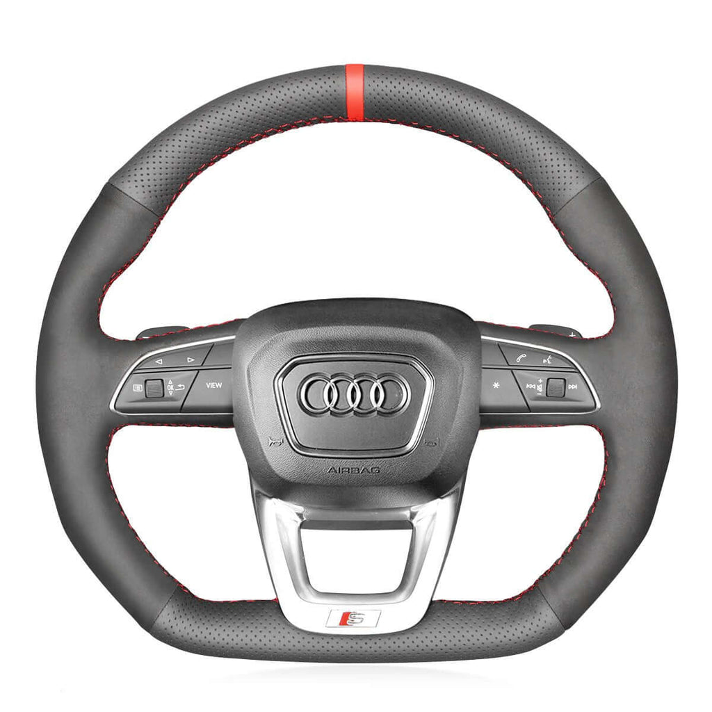 MEWANT Black Leather Suede Car Steering Wheel Cover for Audi Q3 2018 - 2019 Q5 SQ5 2017 - 2019 Q7 SQ7 2015 - 2019 Q8 SQ8 2018 - 2019 - Alcantara, Leather, Carbon Fiber, Easy Install, Non - Slip, Best Steering Wheel Cover