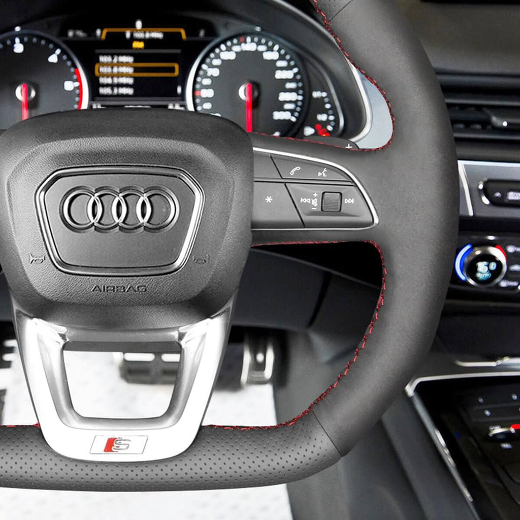 MEWANT Black Leather Suede Car Steering Wheel Cover for Audi Q3 2018 - 2019 Q5 SQ5 2017 - 2019 Q7 SQ7 2015 - 2019 Q8 SQ8 2018 - 2019 - Alcantara, Leather, Carbon Fiber, Easy Install, Non - Slip, Best Steering Wheel Cover