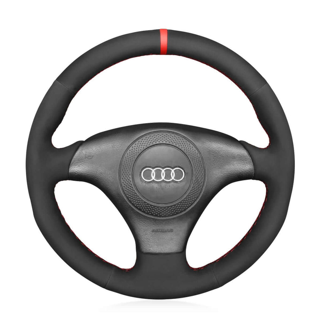 MEWANT Black Leather Suede Car Steering Wheel Cover for Audi TT (8N) 1998 - 2001 / A8 S8 (D2) 1998 - 2002 / S4 (B5) 1997 - 2001 / S6 (C5) - Alcantara, Leather, Carbon Fiber, Easy Install, Non - Slip, Best Steering Wheel Cover