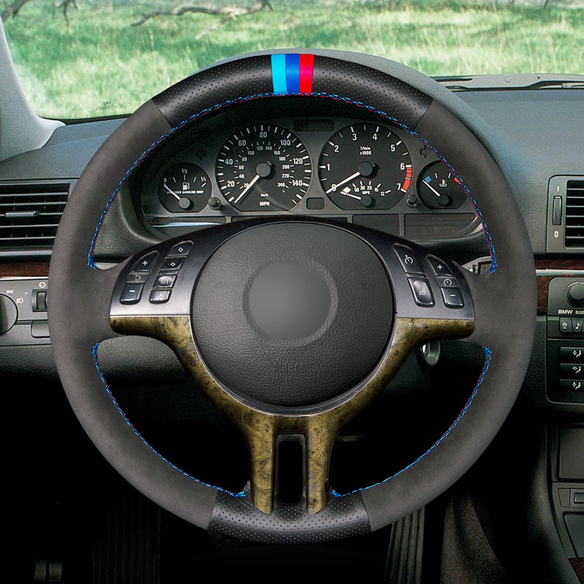 MEWANT Black Leather Suede Car Steering Wheel Cover for BMW E46 318i 325i 330ci / E39 / X5 E53 / Z3 E36/7 E36/8 - Mewant Cover