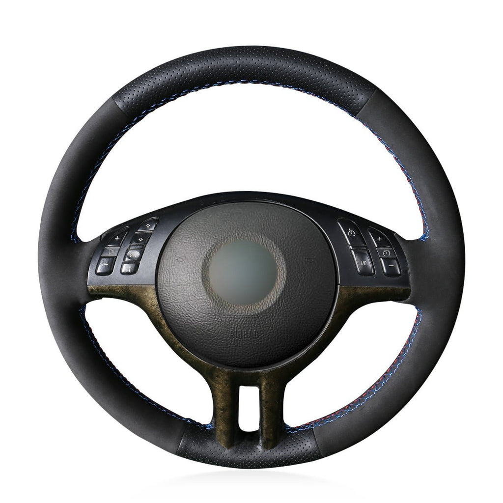 MEWANT Black Leather Suede Car Steering Wheel Cover for BMW E46 318i 325i 330ci / E39 / X5 E53 / Z3 E36/7 E36/8 - Alcantara, Leather, Carbon Fiber, Easy Install, Non - Slip, Best Steering Wheel Cover